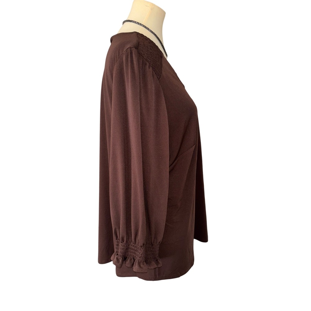 Adrianna Papell Women Brown Smocked Sleeve V-Neck Blouse Top 1X Career Capsule - Picture 3 of 16